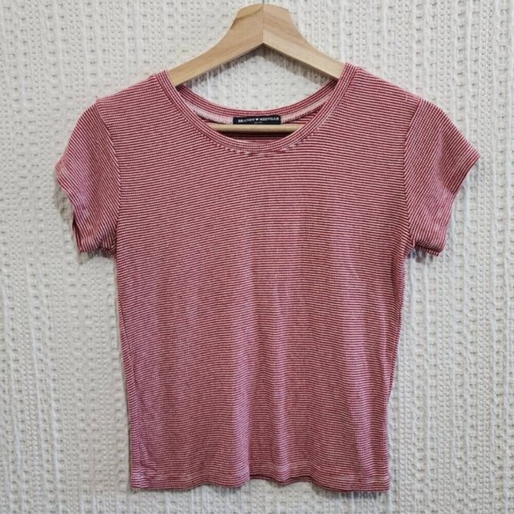 Brandy Melville Red and White Striped Cropped Stretchy Baby Tee One Size Fit All - Picture 2 of 12
